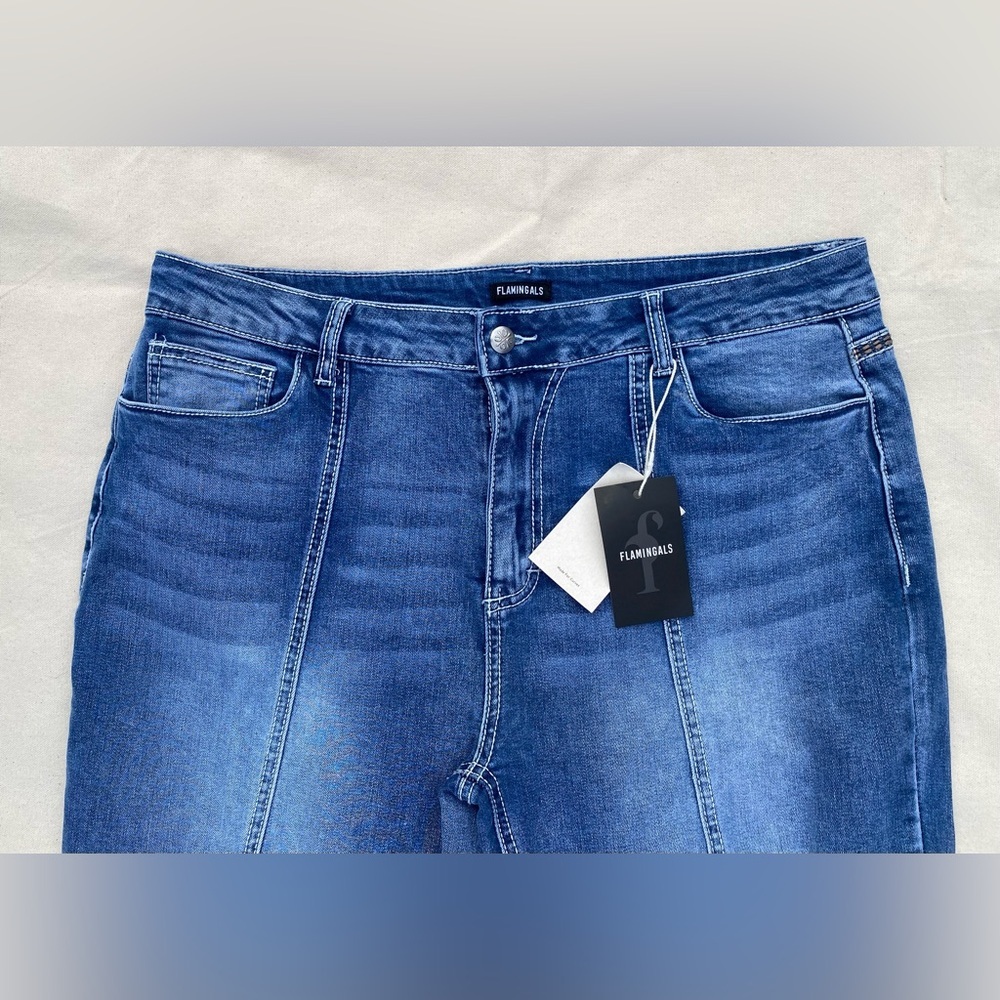 NWT Flamingals Casual Medium Wash Blue Jeans Slim Straight Pleated Boho 2XL - Picture 6 of 9